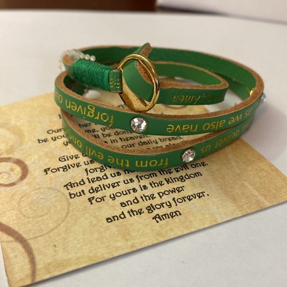 New Lord’s Prayer Engraved Leather Wrap Bracelet - Green - Picture 2 of 3